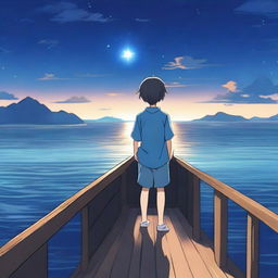 An anime scene viewed from behind, featuring a boy wearing a blue shirt looking at a star and the sea from the top of a boat at night