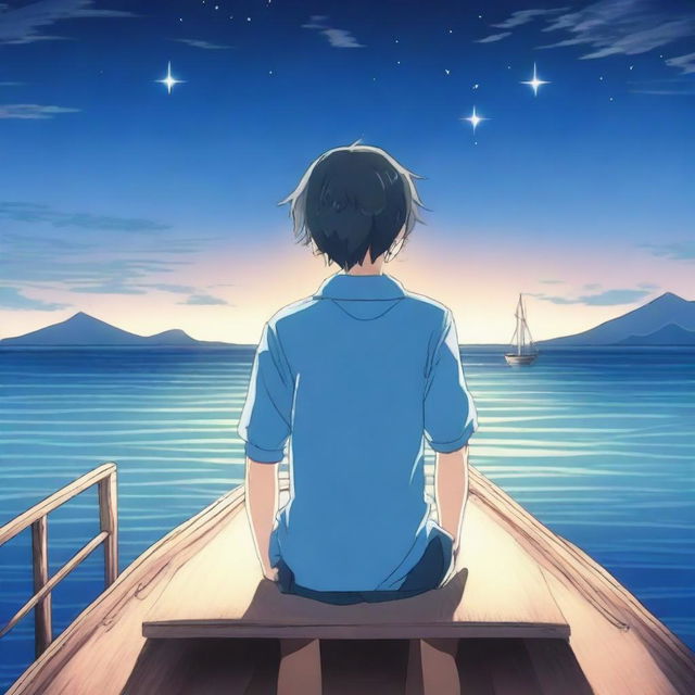 An anime scene viewed from behind, featuring a boy wearing a blue shirt looking at a star and the sea from the top of a boat at night