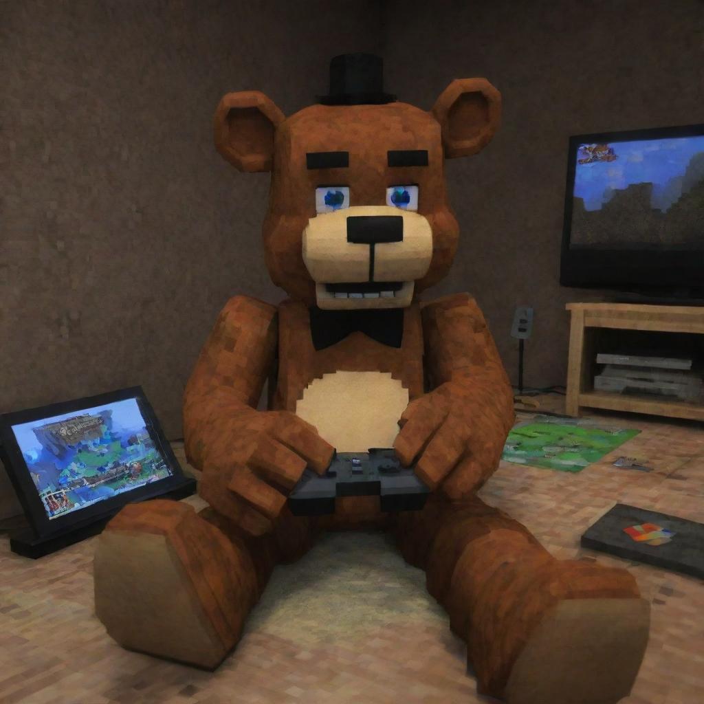 Freddy Fazbear from Five Nights at Freddy's immersed in the world of Minecraft, eagerly manipulating a game controller as the blocky, pixelated terrain of the game unfolds before him on the screen.