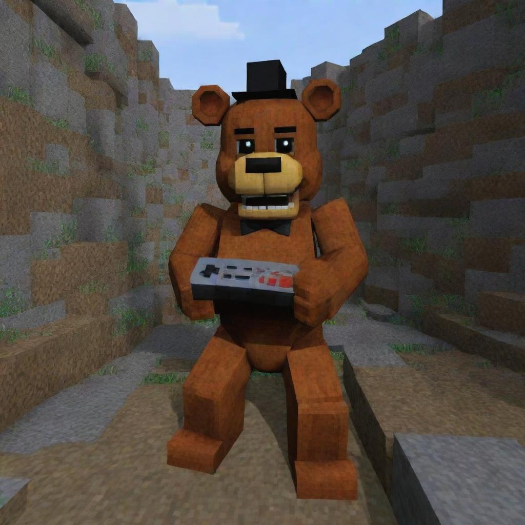 Freddy Fazbear from Five Nights at Freddy's immersed in the world of Minecraft, eagerly manipulating a game controller as the blocky, pixelated terrain of the game unfolds before him on the screen.