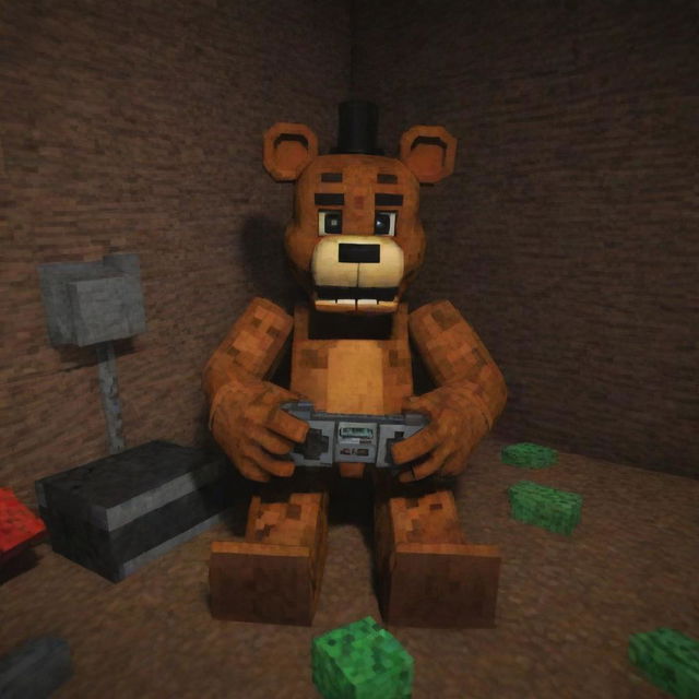 Freddy Fazbear from Five Nights at Freddy's immersed in the world of Minecraft, eagerly manipulating a game controller as the blocky, pixelated terrain of the game unfolds before him on the screen.