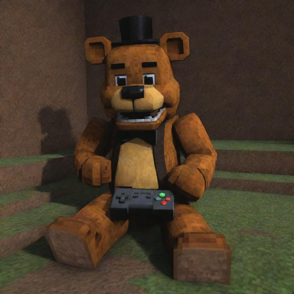 Freddy Fazbear from Five Nights at Freddy's immersed in the world of Minecraft, eagerly manipulating a game controller as the blocky, pixelated terrain of the game unfolds before him on the screen.