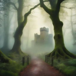 Create a captivating book cover featuring a mysterious forest with a hidden path leading to an ancient castle