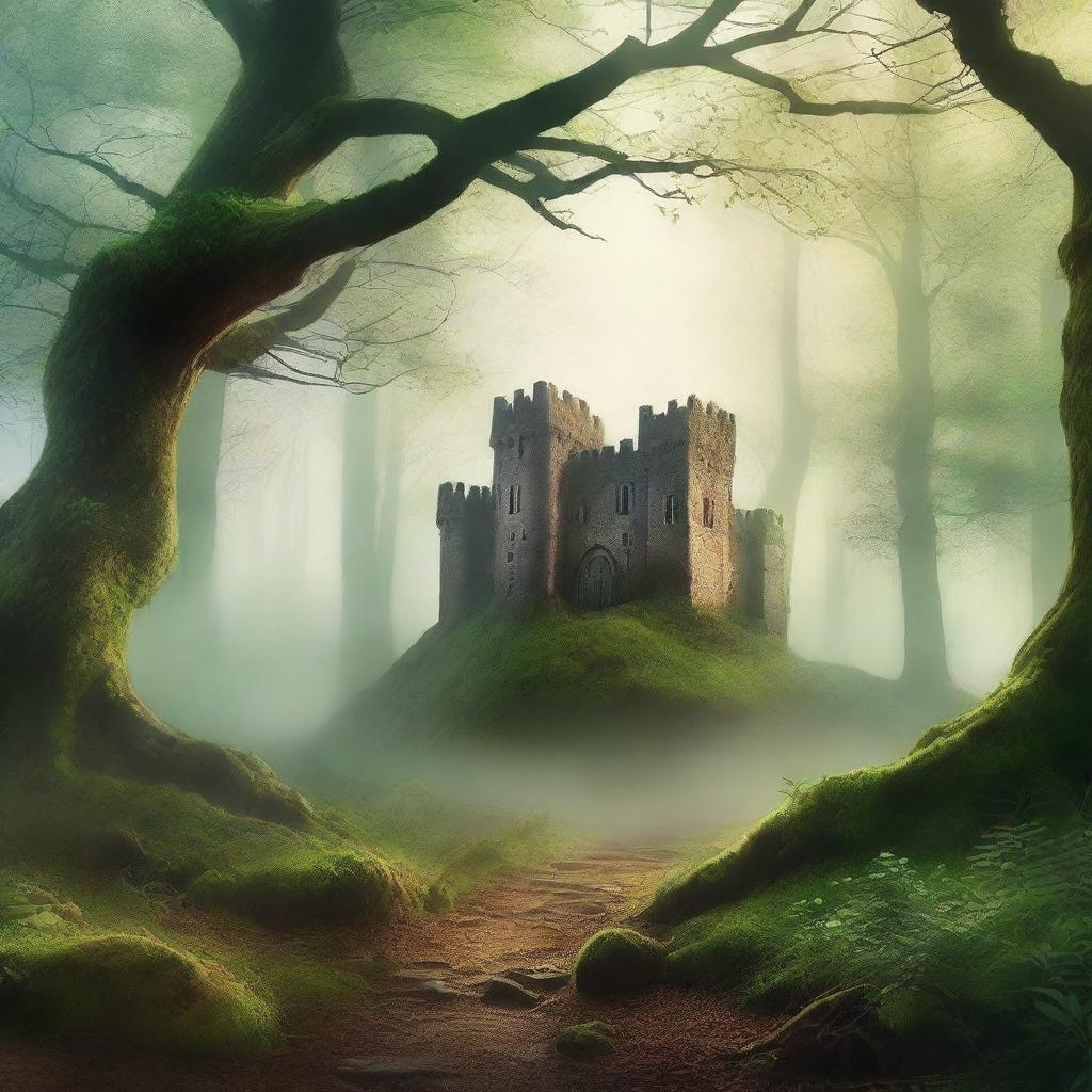 Create a captivating book cover featuring a mysterious forest with a hidden path leading to an ancient castle