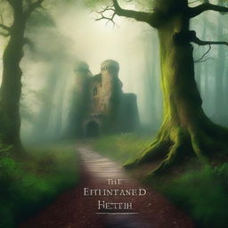 Create a captivating book cover featuring a mysterious forest with a hidden path leading to an ancient castle