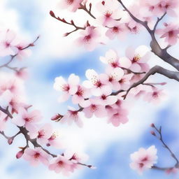 A beautiful cherry blossom tree in full bloom depicted in a watercolor painting style