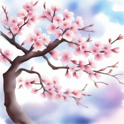 A beautiful cherry blossom tree in full bloom depicted in a watercolor painting style