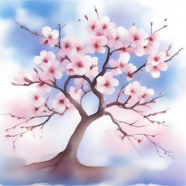 A beautiful cherry blossom tree in full bloom depicted in a watercolor painting style