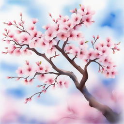 A beautiful cherry blossom tree in full bloom depicted in a watercolor painting style