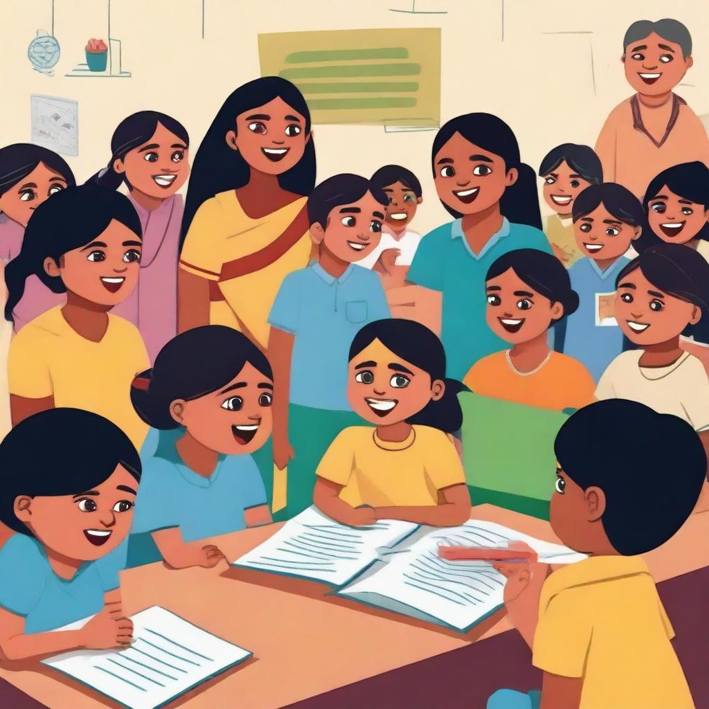 A vibrant and engaging illustration representing the Sarva Shiksha Abhiyan, an Indian government program aimed at universalizing elementary education