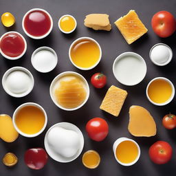 A detailed and visually appealing image of various foods with different textures and viscosities, such as honey, yogurt, and ketchup, demonstrating food rheology