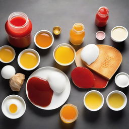 A detailed and visually appealing image of various foods with different textures and viscosities, such as honey, yogurt, and ketchup, demonstrating food rheology