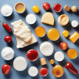 A detailed and visually appealing image of various foods with different textures and viscosities, such as honey, yogurt, and ketchup, demonstrating food rheology