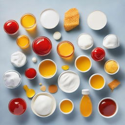 A detailed and visually appealing image of various foods with different textures and viscosities, such as honey, yogurt, and ketchup, demonstrating food rheology