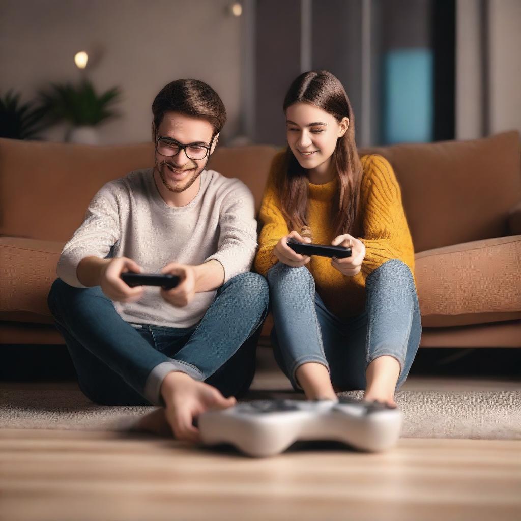 A girl and a guy are sitting on the floor, playing on a game console