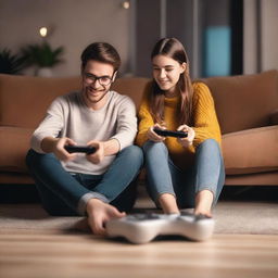 A girl and a guy are sitting on the floor, playing on a game console