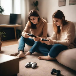 A girl and a guy are sitting on the floor, playing on a game console