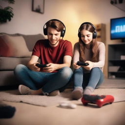 A girl and a guy are sitting on the floor, playing on a game console