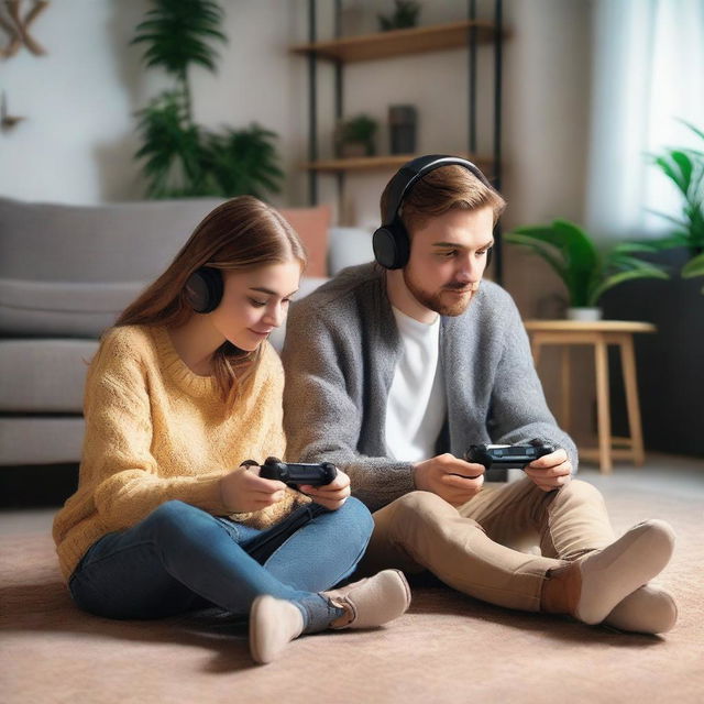 A girl and a guy are sitting on the floor, playing on a game console