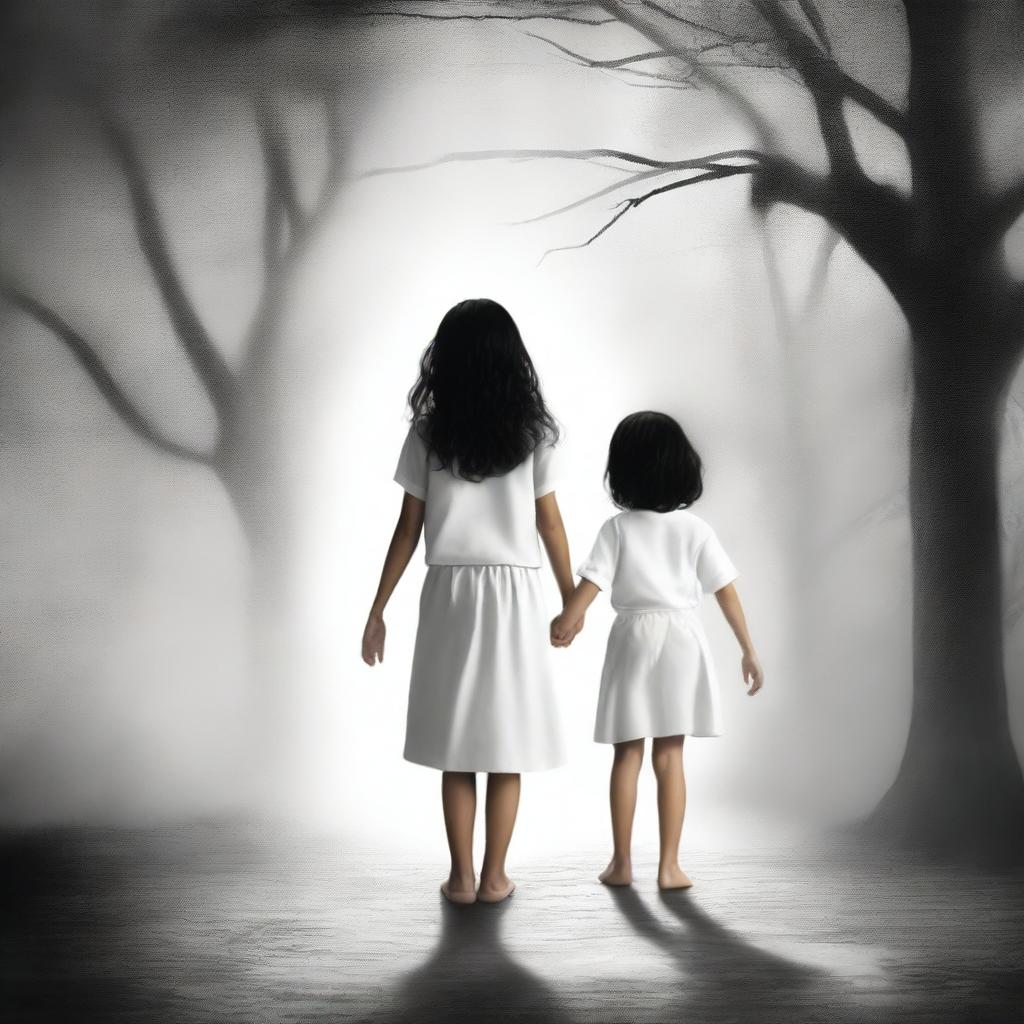 Create a mystery book cover featuring an 8-year-old girl with black hair, wearing a white shirt and a medium-length white skirt, holding hands with a 16-year-old boy with dark brown hair