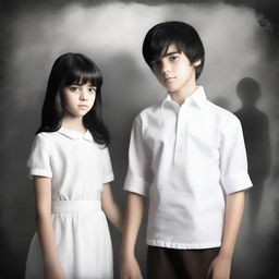 Create a mystery book cover featuring an 8-year-old girl with black hair, wearing a white shirt and a medium-length white skirt, holding hands with a 16-year-old boy with dark brown hair