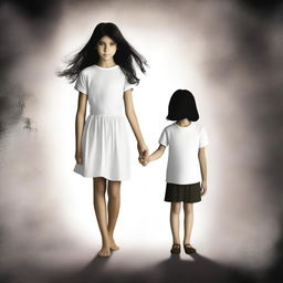 Create a mystery book cover featuring an 8-year-old girl with black hair, wearing a white shirt and a medium-length white skirt, holding hands with a 16-year-old boy with dark brown hair