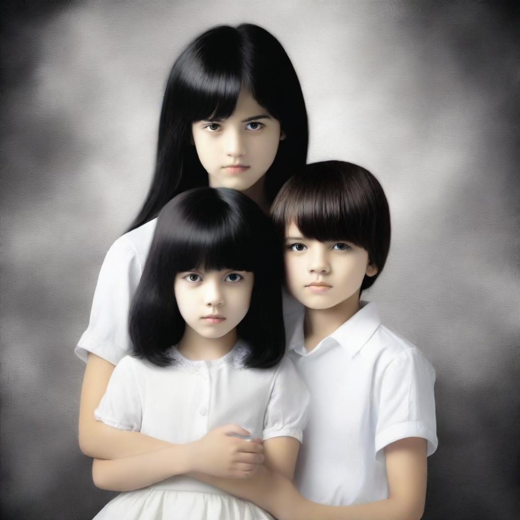 Create a mystery book cover featuring an 8-year-old girl with black hair, wearing a white shirt and a medium-length white skirt, holding hands with a 16-year-old boy with dark brown hair