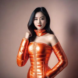 A beautiful Asian girl wearing a tight orange shiny puffer corset, posing confidently