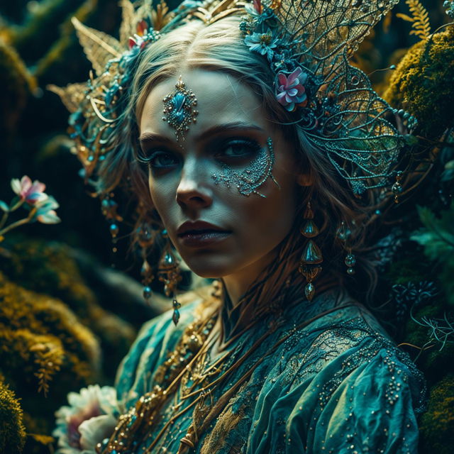 Hyper-realistic 3D rococo photograph of a different Russian elf woman in a mystical forest, with an intense close-up of her intricately detailed face. The image is high definition, with immaculate composition and lighting, exuding fantasy and spirit vibes.