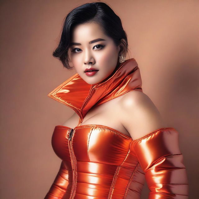 A beautiful Asian girl wearing a tight orange shiny puffer corset, posing confidently