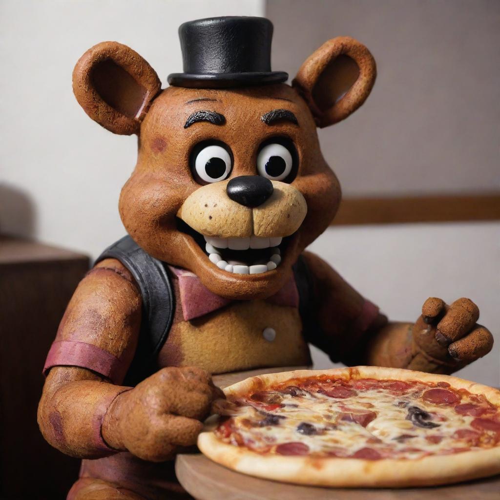 Freddy Fazbear from Five Nights at Freddy's sitting joyfully, holding and eating a slice of delicious, cheesy pizza, a favorite in the pizzeria where he resides.