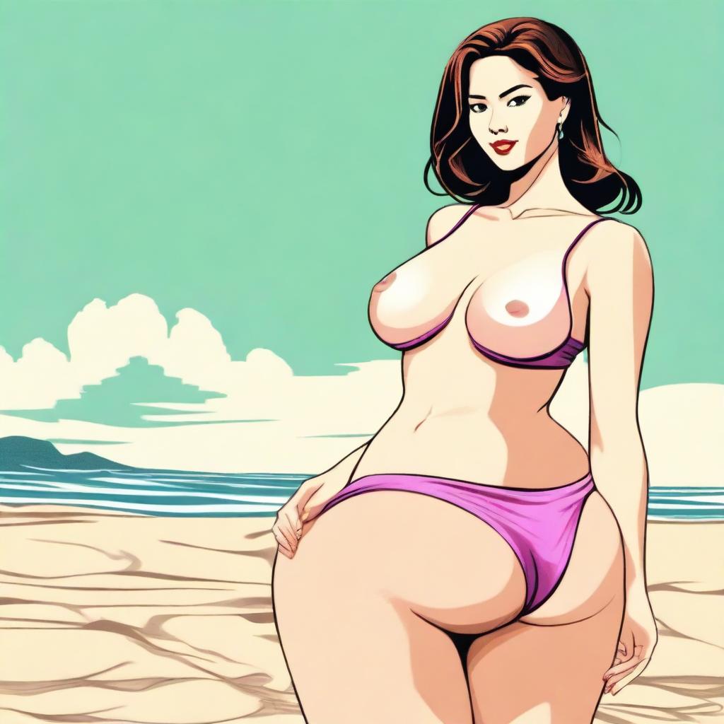 A woman wearing a bikini, depicted with exaggerated features such as large breasts and a large buttocks