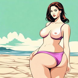 A woman wearing a bikini, depicted with exaggerated features such as large breasts and a large buttocks