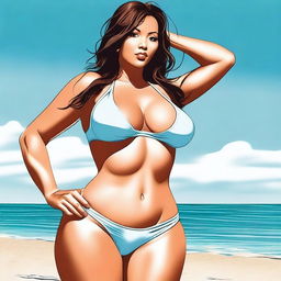 A woman wearing a bikini, depicted with exaggerated features such as large breasts and a large buttocks