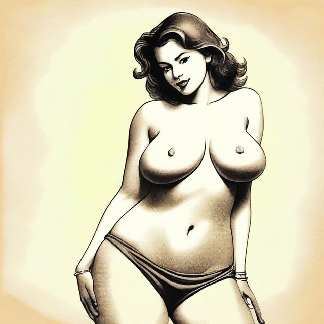 A woman wearing a bikini, depicted with exaggerated features such as large breasts and a large buttocks