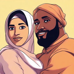 A dark-skinned, fat woman wearing a Hijab clings affectionately to the head of a tall, brown-skinned young man