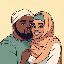 A dark-skinned, fat woman wearing a Hijab clings affectionately to the head of a tall, brown-skinned young man