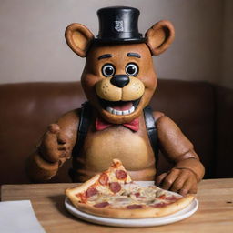 Freddy Fazbear from Five Nights at Freddy's sitting joyfully, holding and eating a slice of delicious, cheesy pizza, a favorite in the pizzeria where he resides.