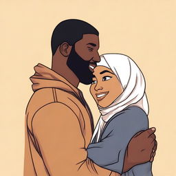 A dark-skinned, fat woman wearing a Hijab clings affectionately to the head of a tall, brown-skinned young man