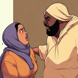 A dark-skinned, fat woman wearing a Hijab is hitting a tall, brown-skinned young man