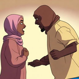 A dark-skinned, fat woman wearing a Hijab is hitting a tall, brown-skinned young man