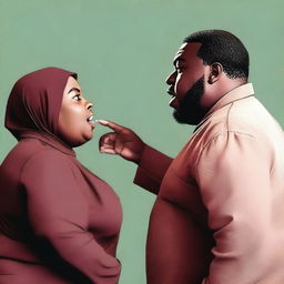 A dark-skinned, fat woman wearing a Hijab is hitting a tall, brown-skinned young man