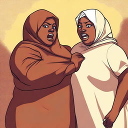 A dark-skinned, fat woman wearing a Hijab is hitting a tall, brown-skinned young man