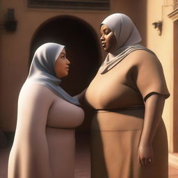 A realistic design featuring a dark-skinned, fat woman wearing a hijab