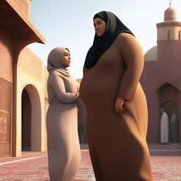 A realistic design featuring a dark-skinned, fat woman wearing a hijab