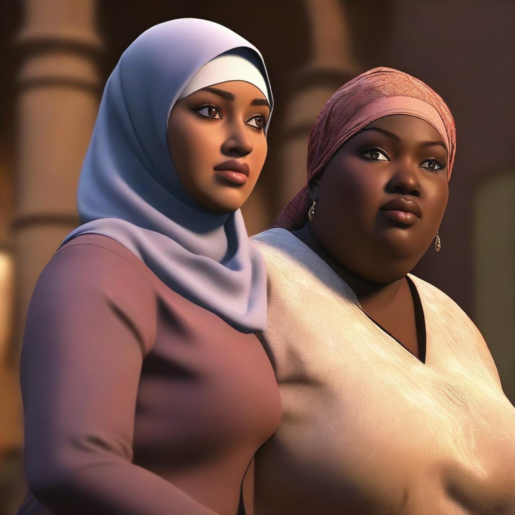 A realistic design featuring a dark-skinned, fat woman wearing a hijab