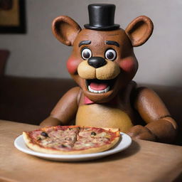 Freddy Fazbear from Five Nights at Freddy's sitting joyfully, holding and eating a slice of delicious, cheesy pizza, a favorite in the pizzeria where he resides.