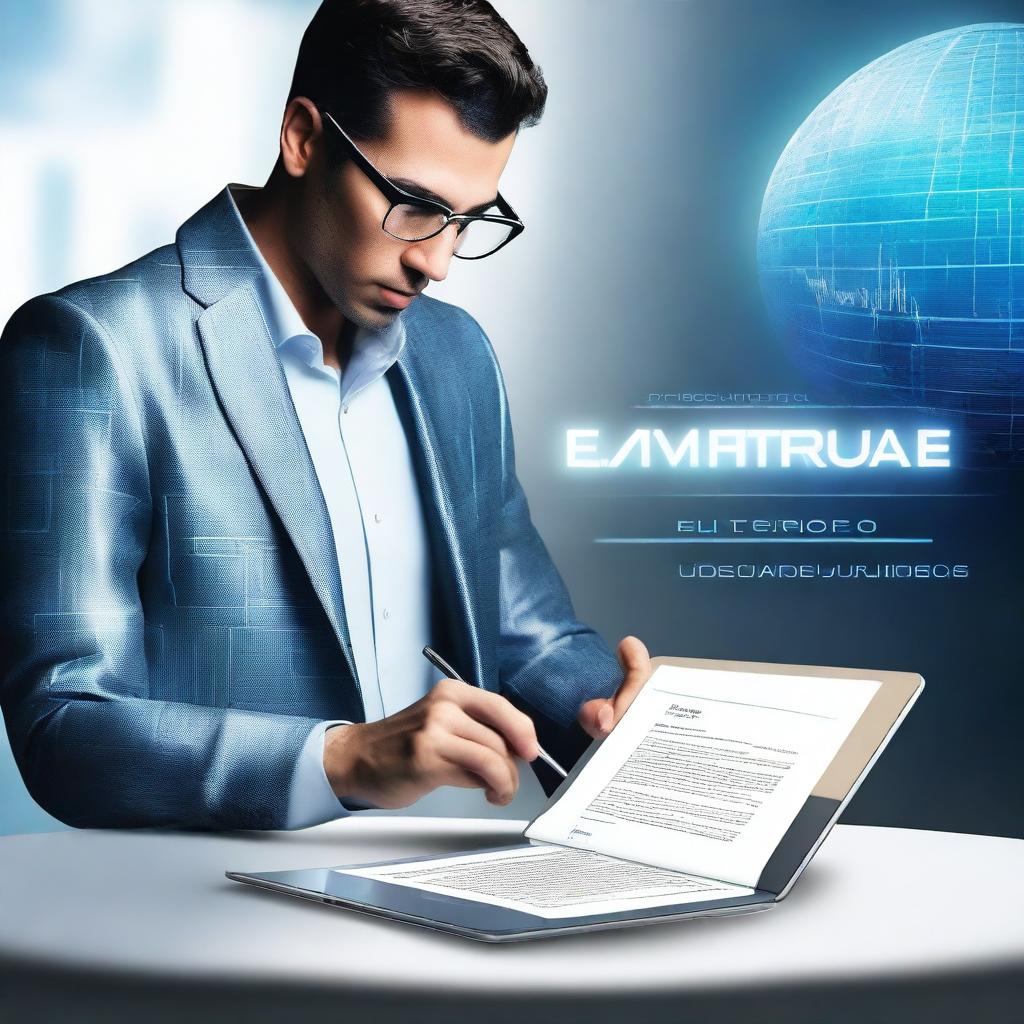 Create an ebook cover with the title 'Assinaturas Eletrônicas: Segurança e Validade Jurídica' featuring a person signing a digital document in a futuristic environment