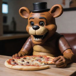 Freddy Fazbear from Five Nights at Freddy's sitting joyfully, holding and eating a slice of delicious, cheesy pizza, a favorite in the pizzeria where he resides.