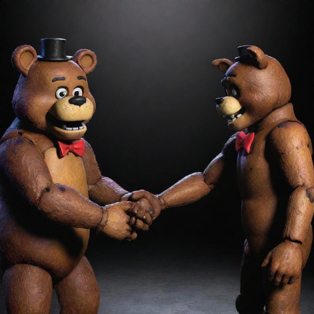 A surreal encounter between Freddy Fazbear from Five Nights at Freddy's and YouTube sensation Mr. Beast. The two are shaking hands in a friendly manner, reflecting their unique vibes.